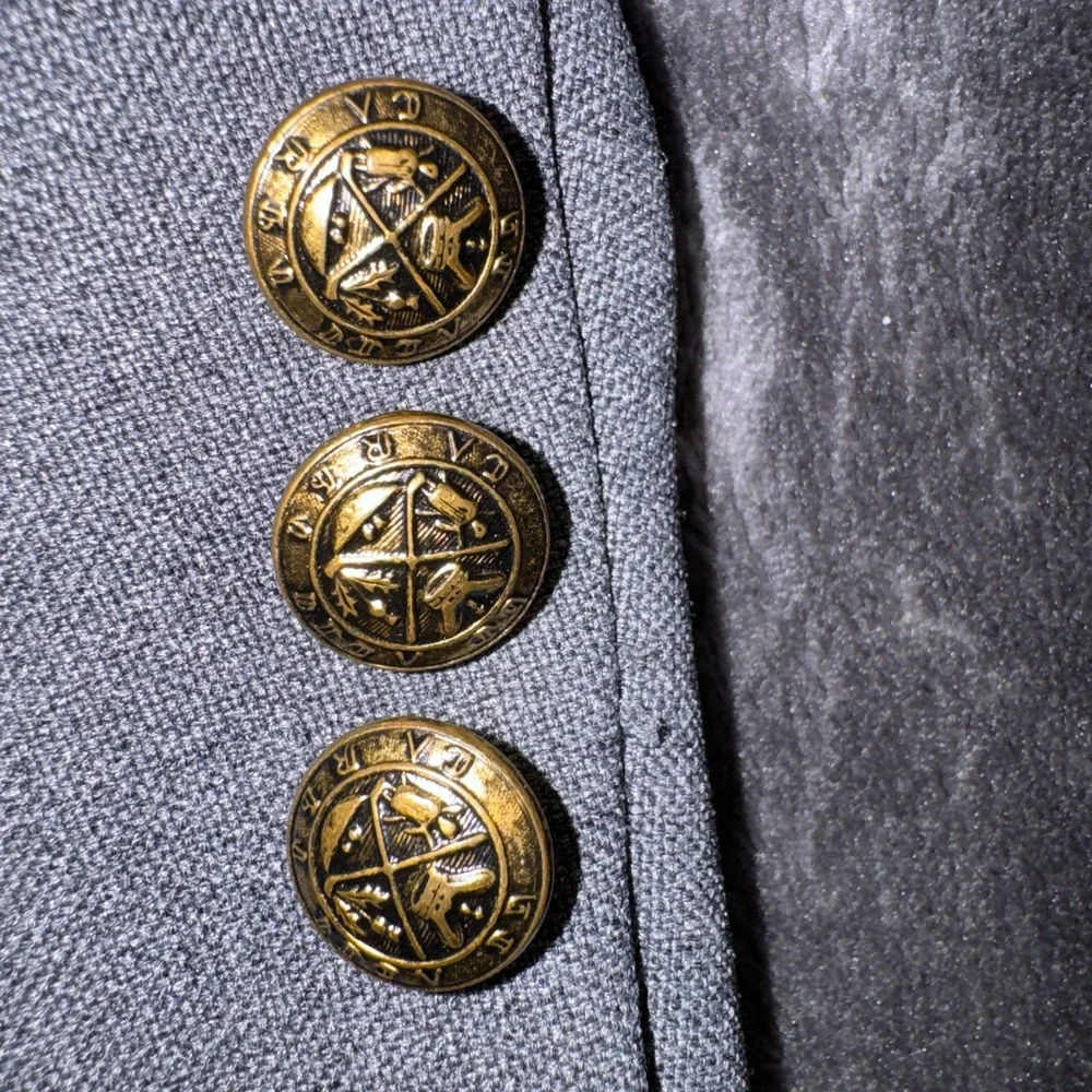 John Peel Ltd Vintage Grey Blazer Mens 44L USA Tailored Brass Crest Buttons‎